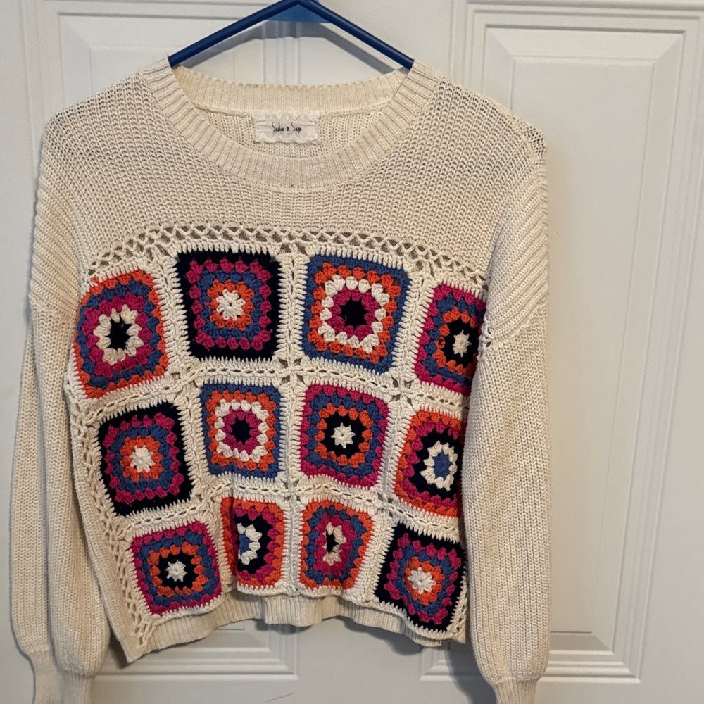 Sadie & Sage Multicolor Crochet Patch Sweater - Granny Squares